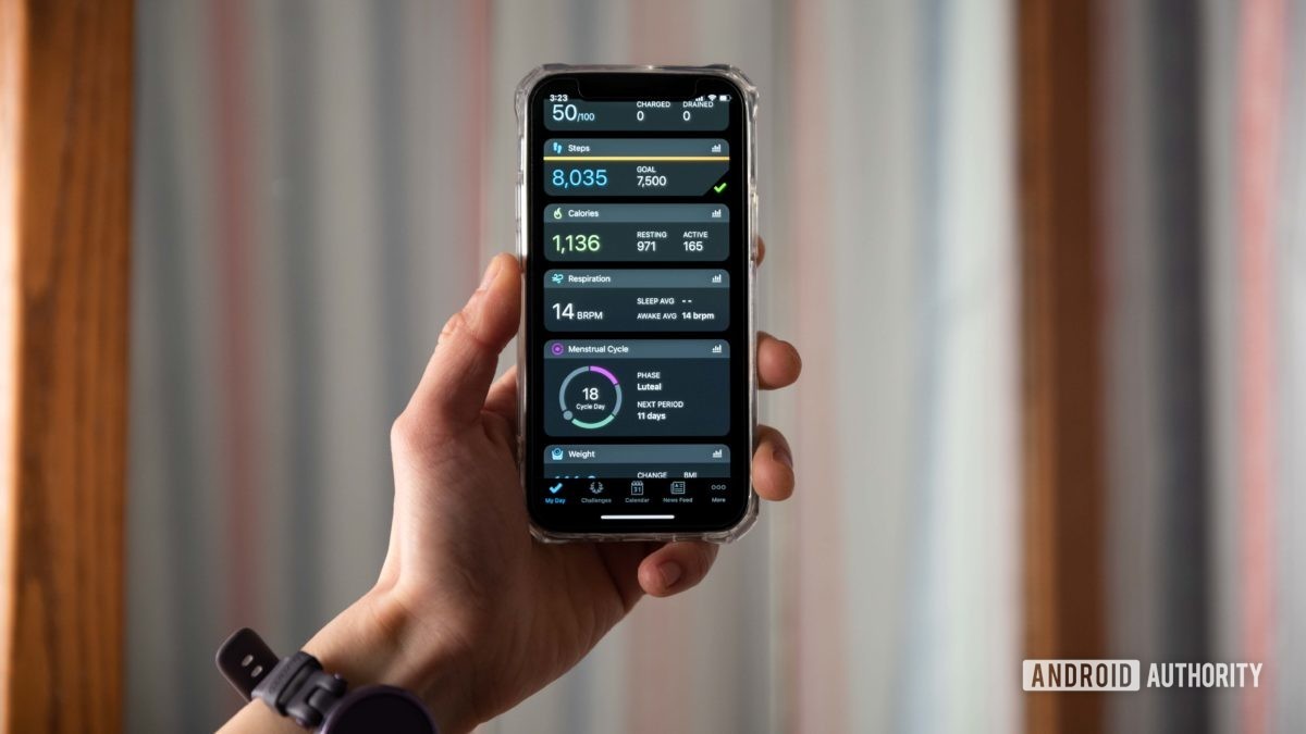 The Garmin Connect mobile app displays information on an iPhone 12 Mini.