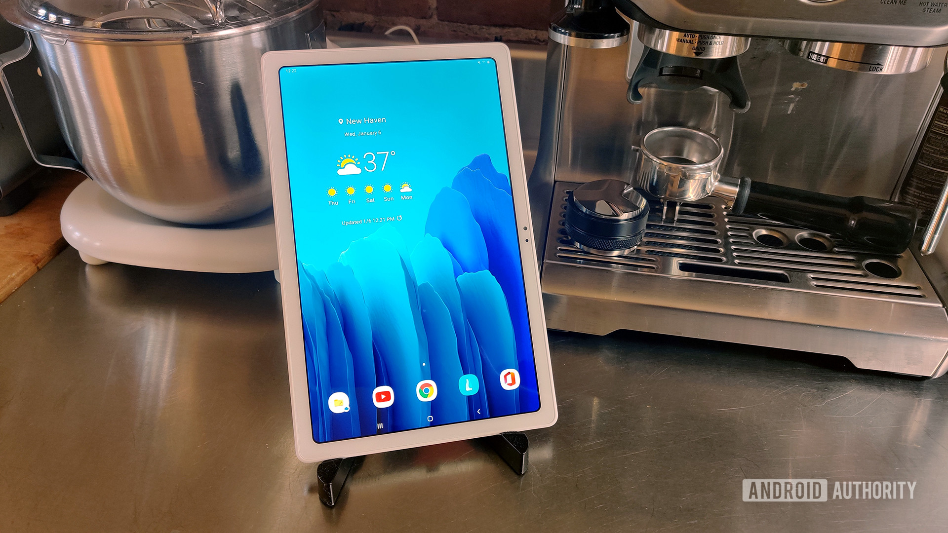 Samsung Galaxy Tab A7 2020 tablet with kitchen appliances