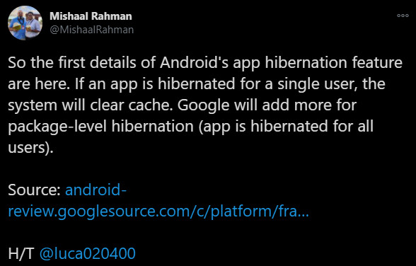 Mishaal Rahman Android app hibernation