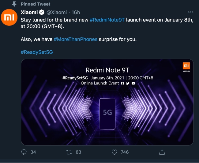 Xiaomi Redmi Note 9T launches Twitter teaser