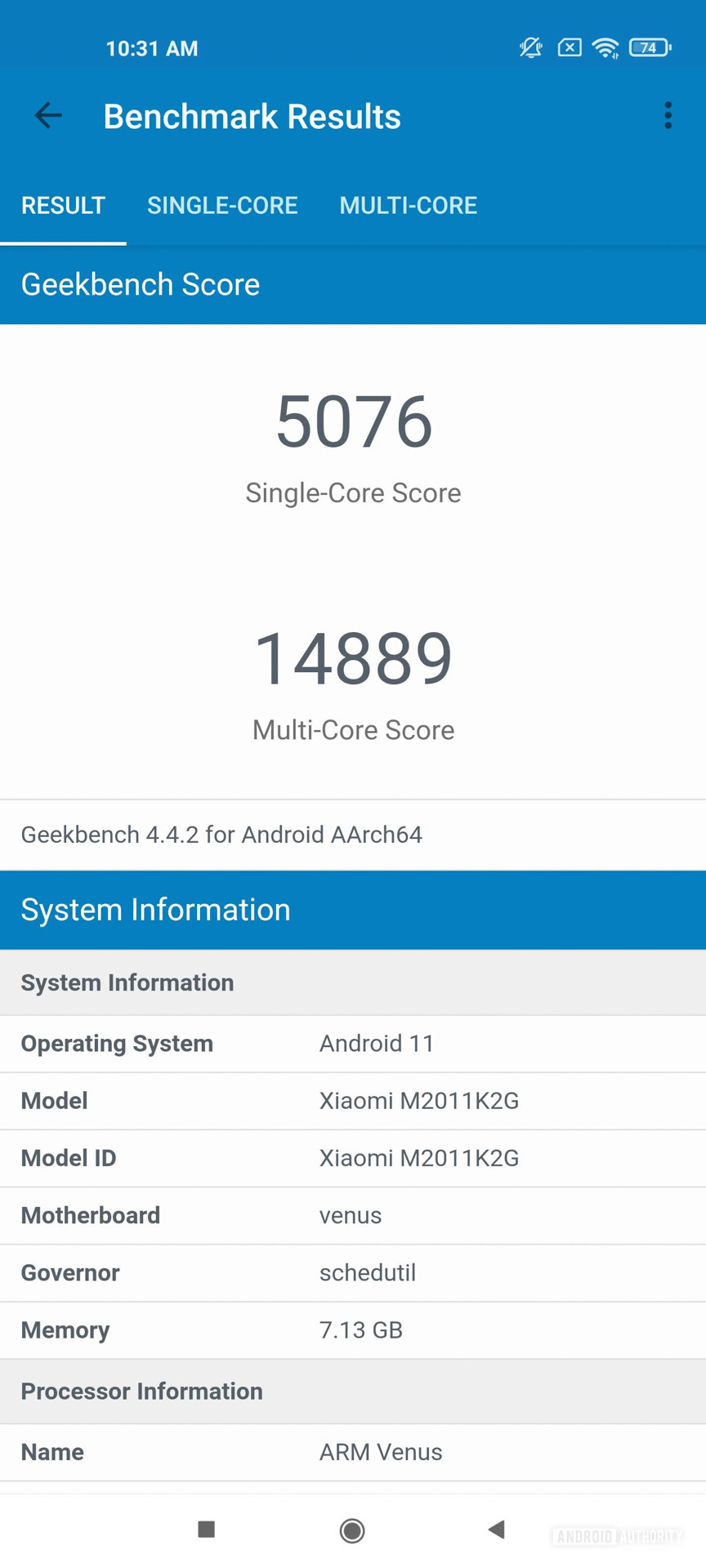 Xiaomi Mi 11 MIUI 12 Geekbench 4