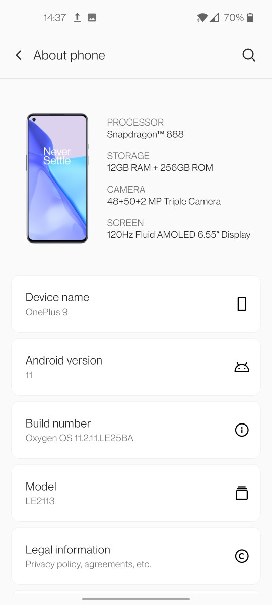 OnePlus 9 Oxygen OS 11 About