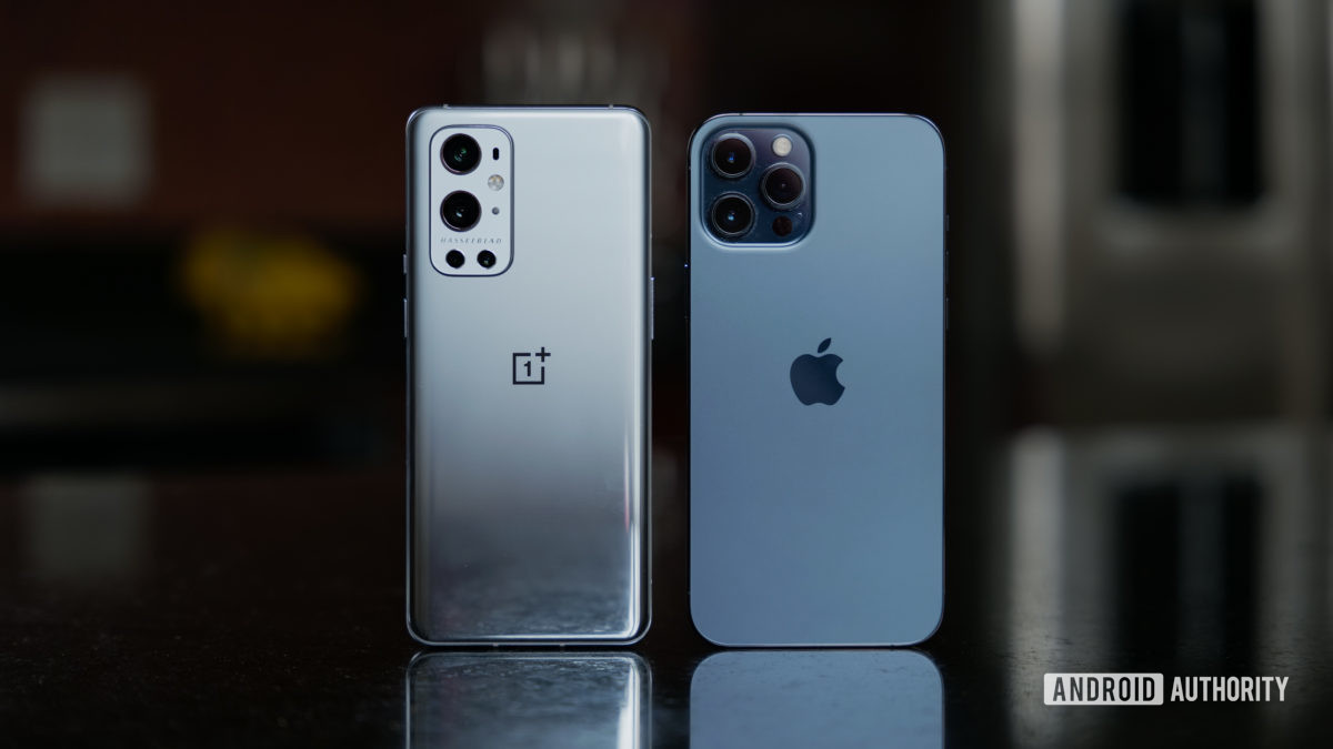 OnePlus 9 Pro vs iPhone 12 Pro Max on countertop