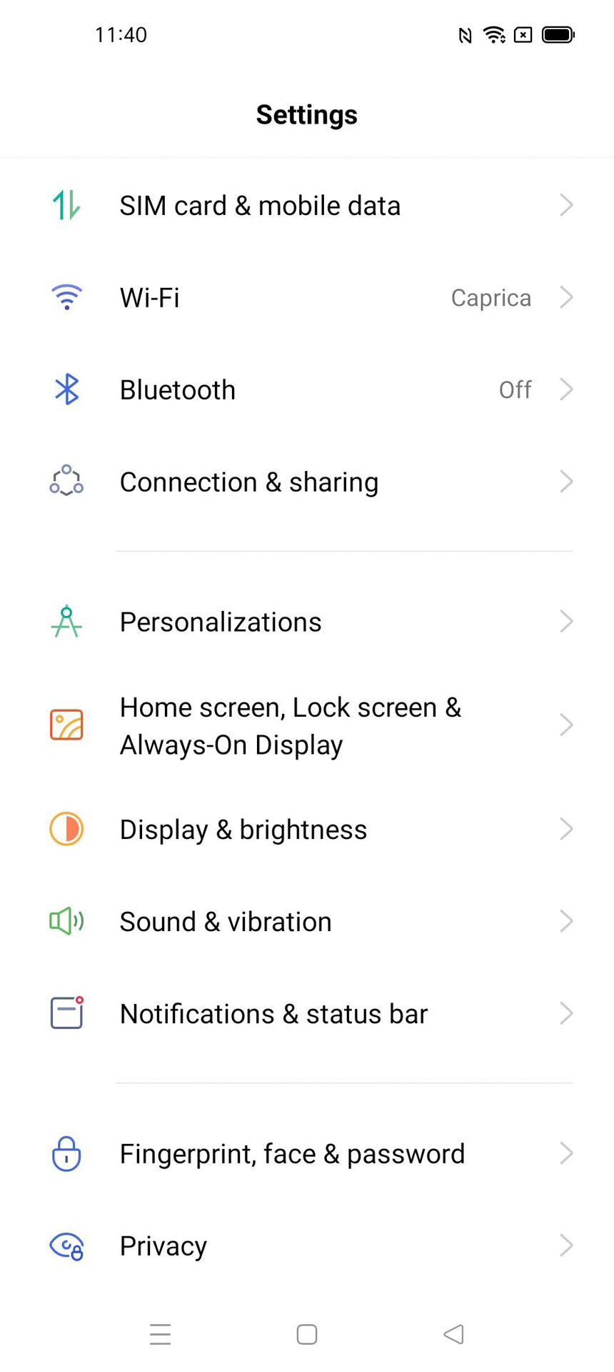 Oppo Find X3 Pro settings menu