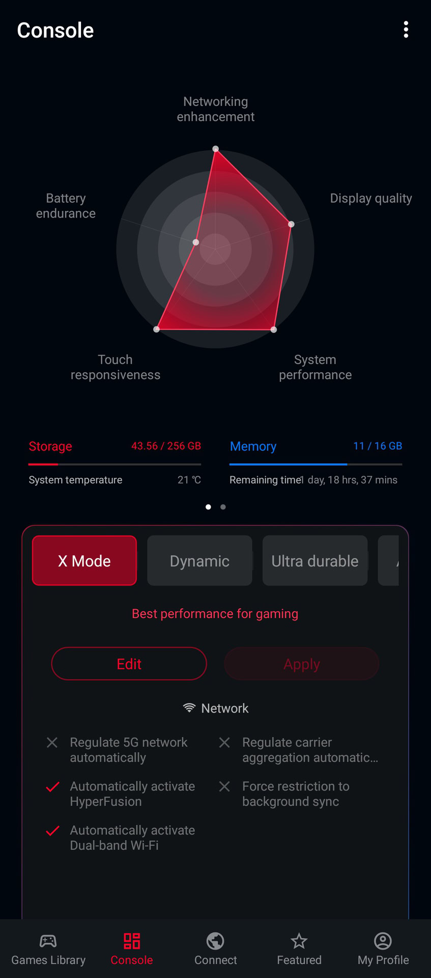 ROG Phone 5 screenshot of the Armor Crate console