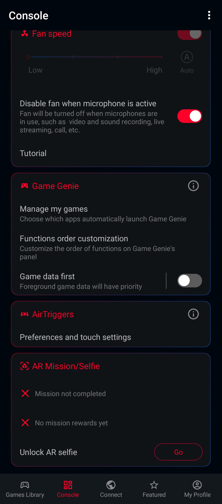 ROG Phone 5 screenshot of the third layer of options in the Armor Crate console