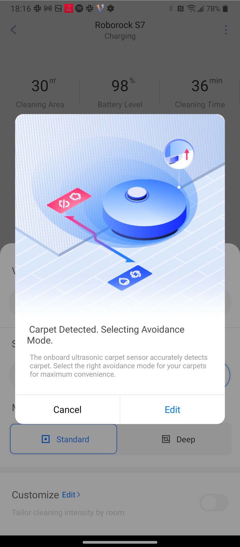 Roborock S7 app carpet detected