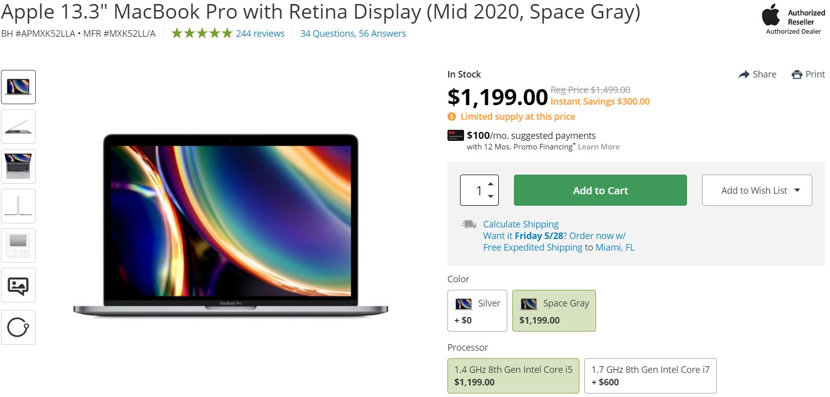 Apple MacBook Pro 13,3 inch với màn hình Retina Mid 2020 Space Grey BandH Giảm giá