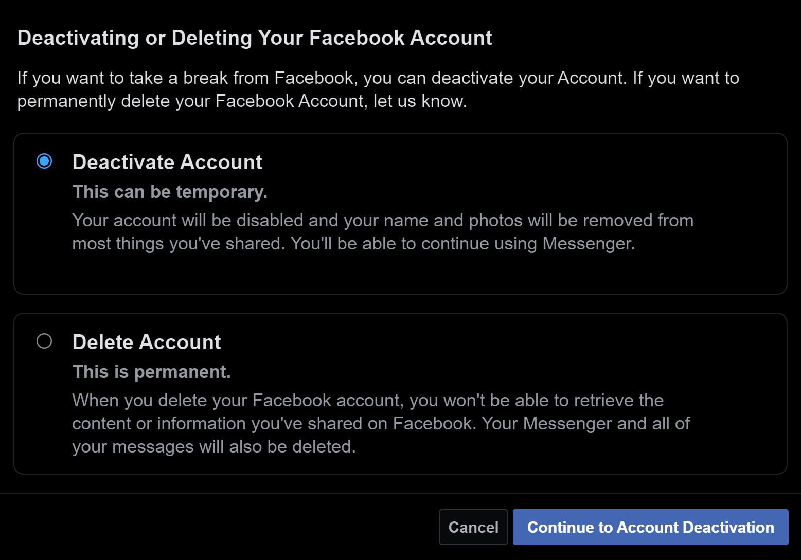 Facebook deactivate account