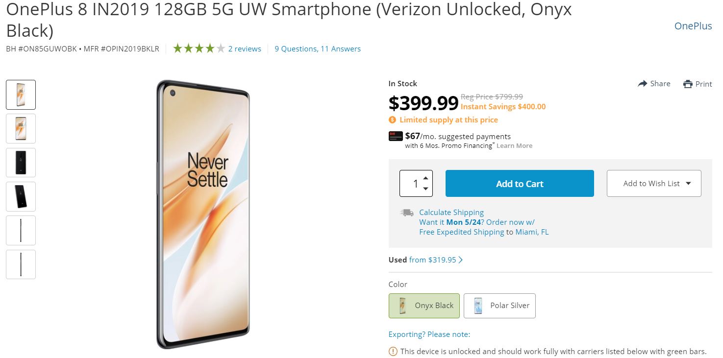 OnePlus 8 Verizon Unlocked BandH Deal
