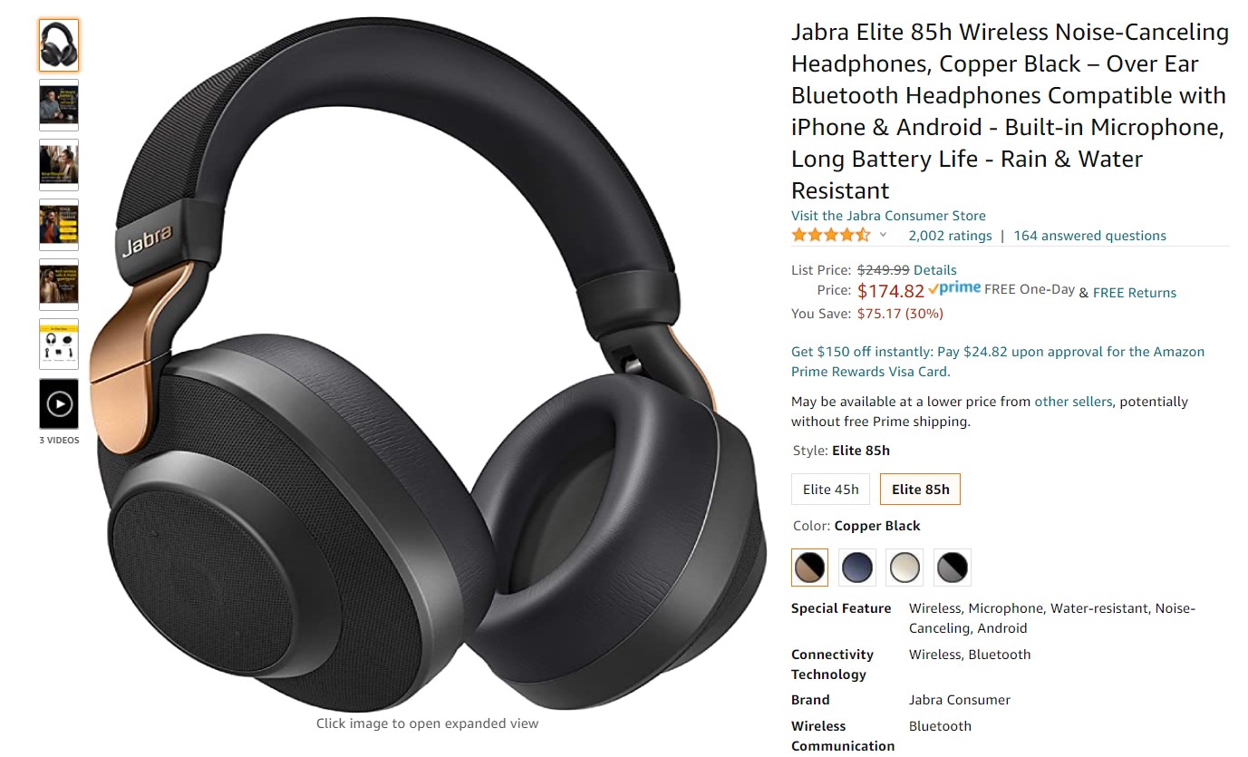 Jabra Elite 85h Wireless Noise Cancelling Headphones Amazon Deal
