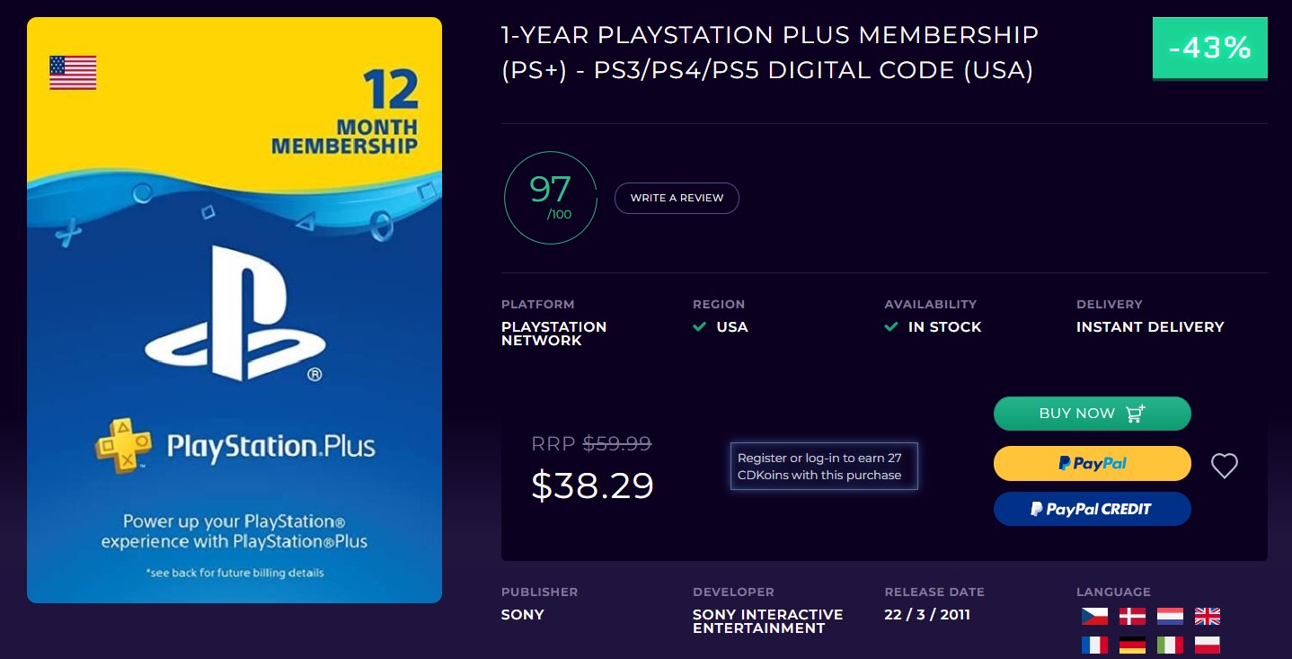 Offre de clés de CD d'abonnement d'un an à PlayStation Plus