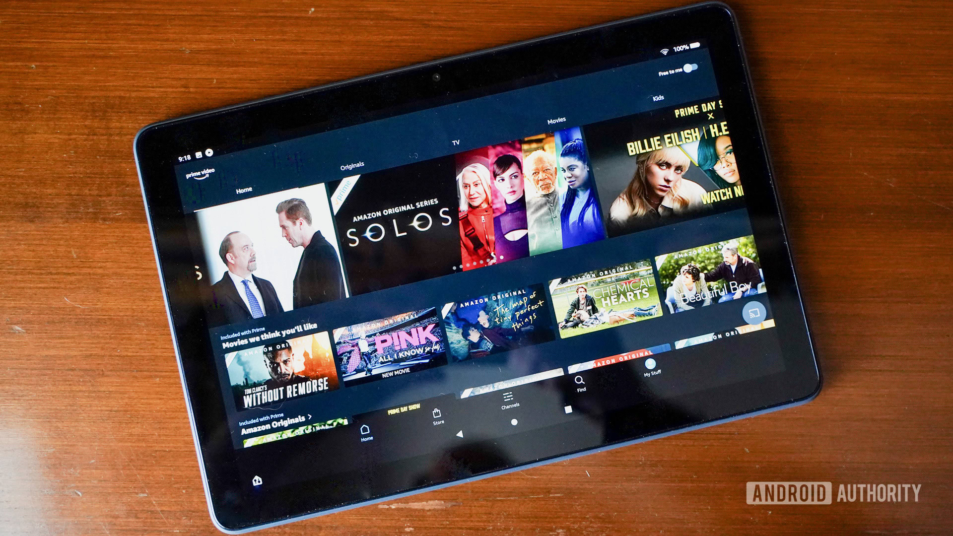 The Amazon Fire HD 10 Plus showing available titles on Amazon Prime Video.