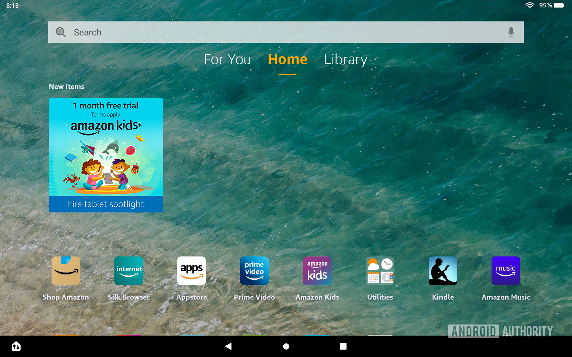 The Amazon Fire HD 10 Plus home screen with Kids+ app suggestion.