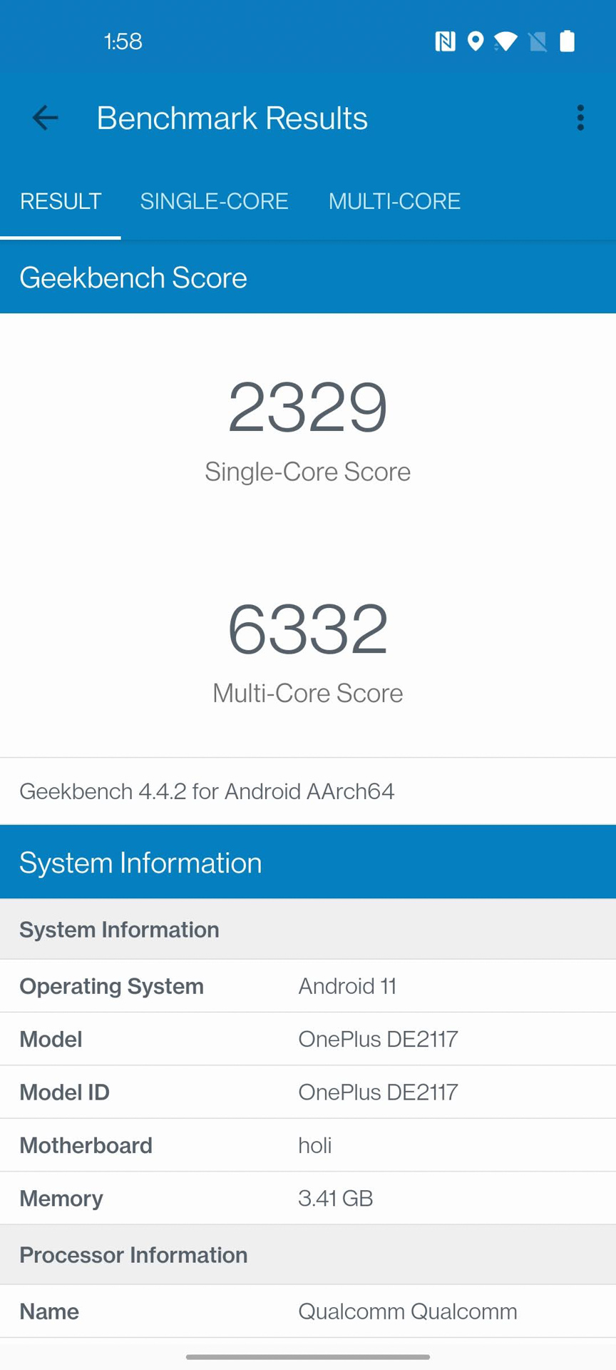OnePlus Nord N200 5G Geekbench 4