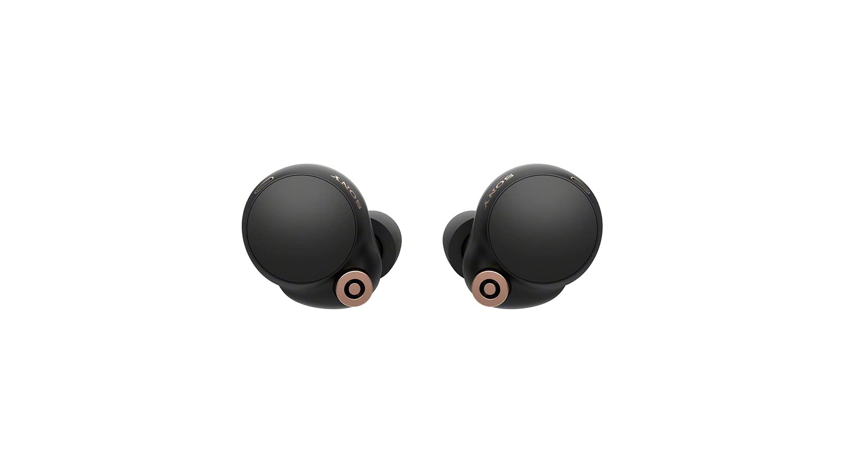 The Sony WF-1000XM4 noise-cancelling true wireless earbuds in black against a white background.