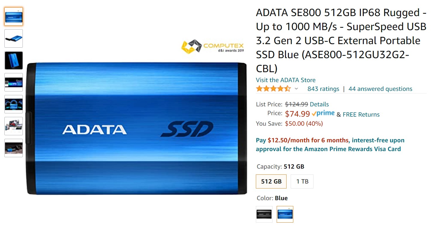 Adata SE800 512GB IP68 Rugged USB C External Portable SSD Amazon Offer