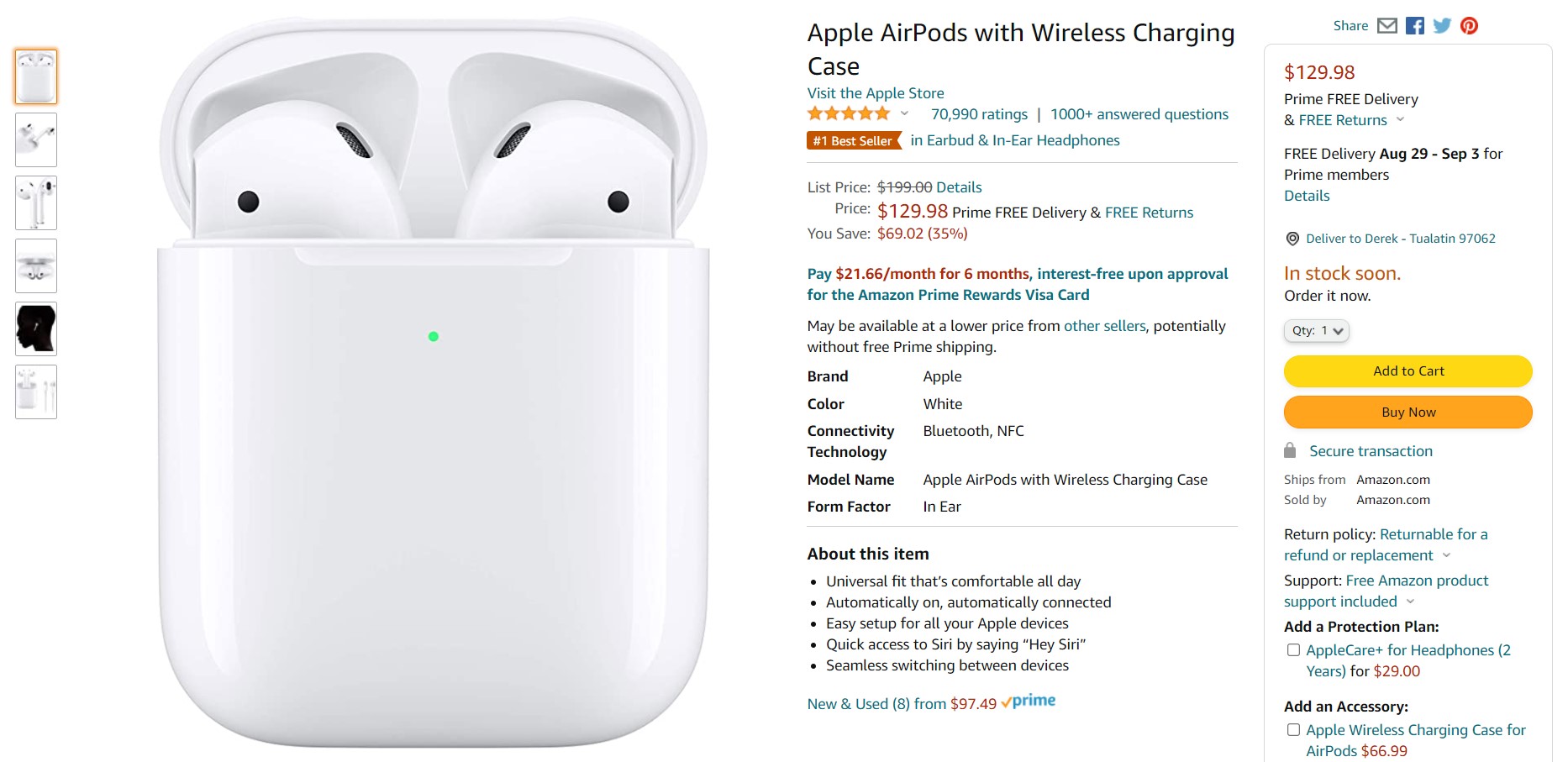 Amazon offer for Apple AirPods with wireless charging case