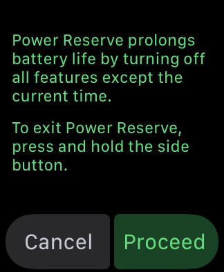 Apple Watch screenshot displays prompt to switch device into Power Reserve mode