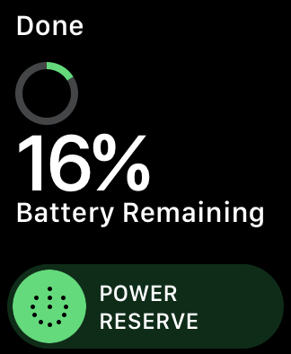 Apple Watch screenshot displays Power Reserve slider for conserving battery