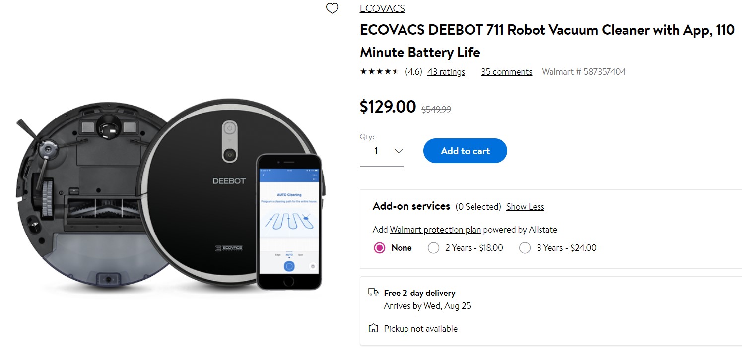 Ecovacs Deebot 711 Robot Vacuum Cleaner on sale at Walmart