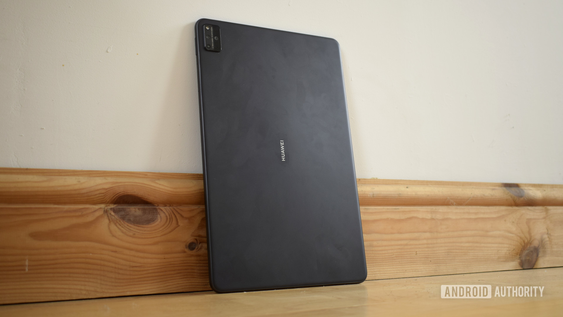 The Huawei MatePad Pro 2021 in portrait mode showing the rear.