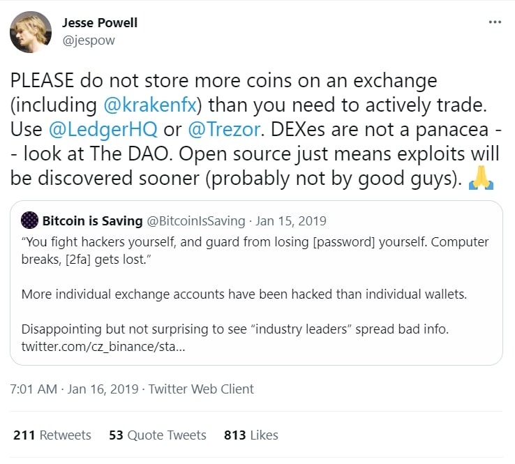 Kraken founder tweets warning about crypto exchanges for cryptocurrency investing