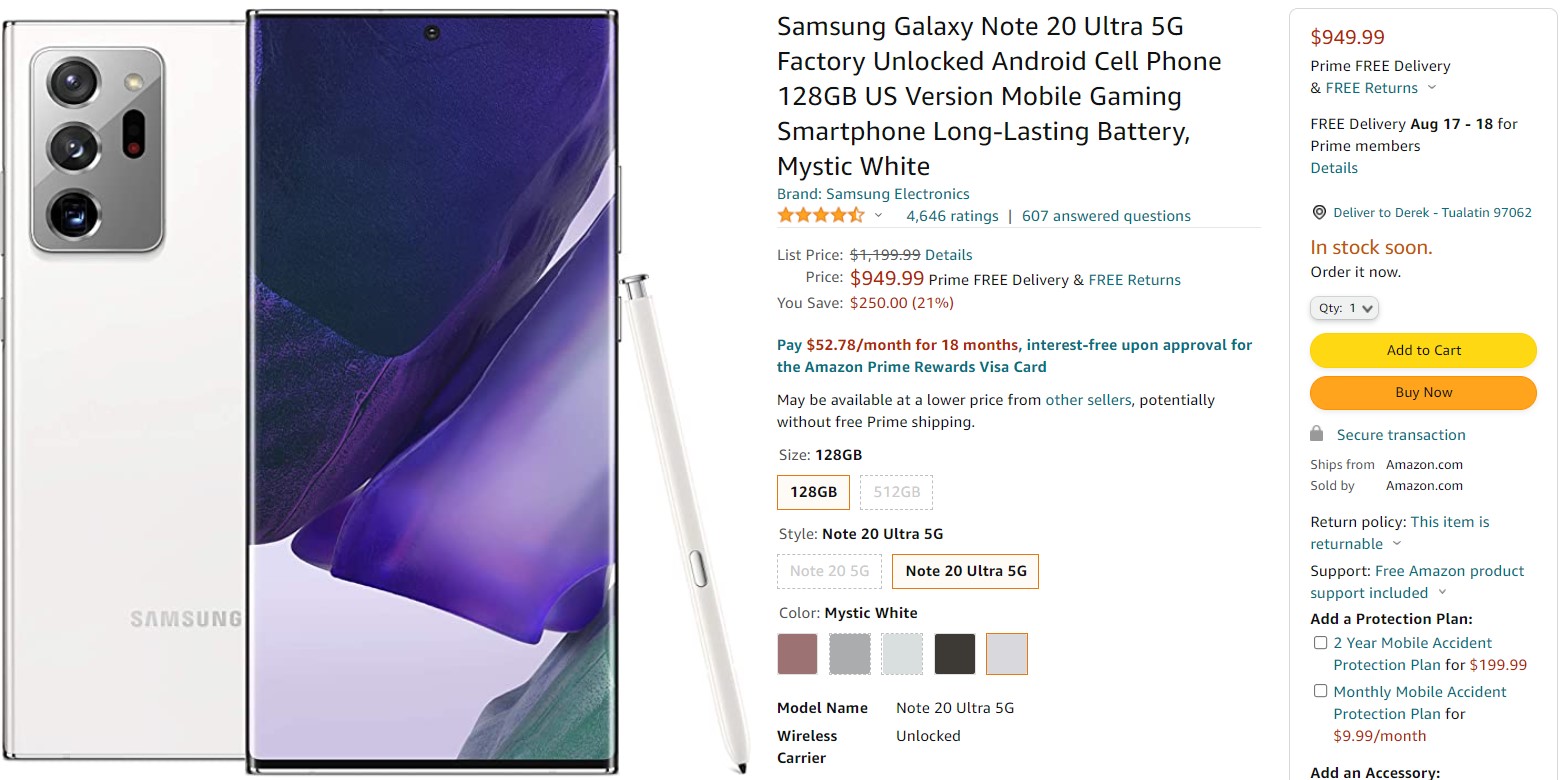 Samsung Galaxy Note 20 Ultra Amazon deal