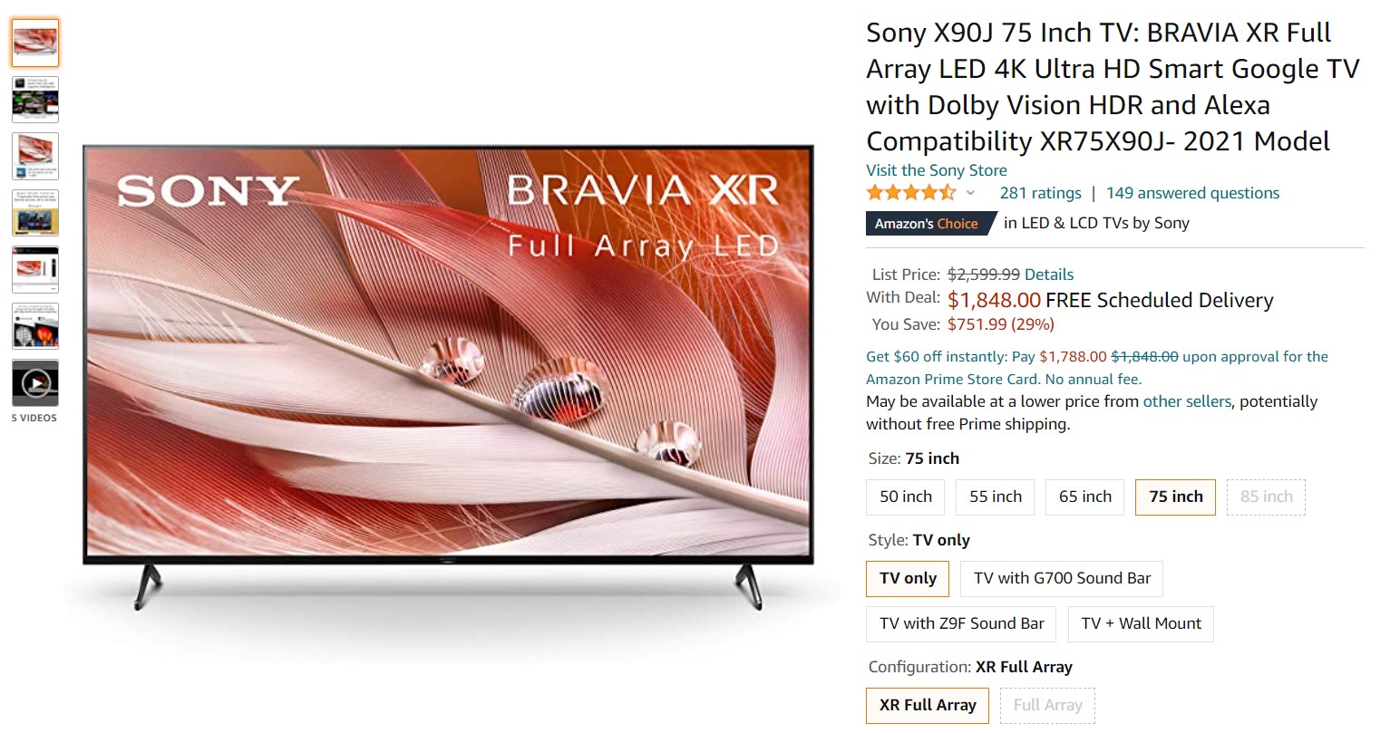Sony X90J 75 pouces Bravia XR 4K UHD Smart Google TV Offre Amazon