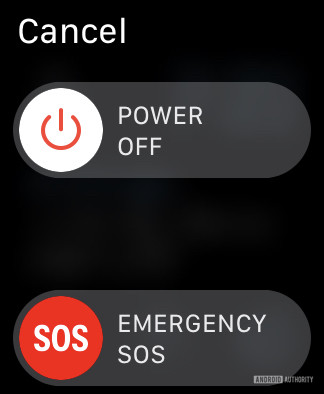 An Apple Watch screenshot displays Power Off and Emergency SOS sliders 