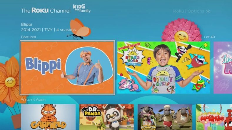 The Roku Channel Kids and Family showing available content for younger viewers.