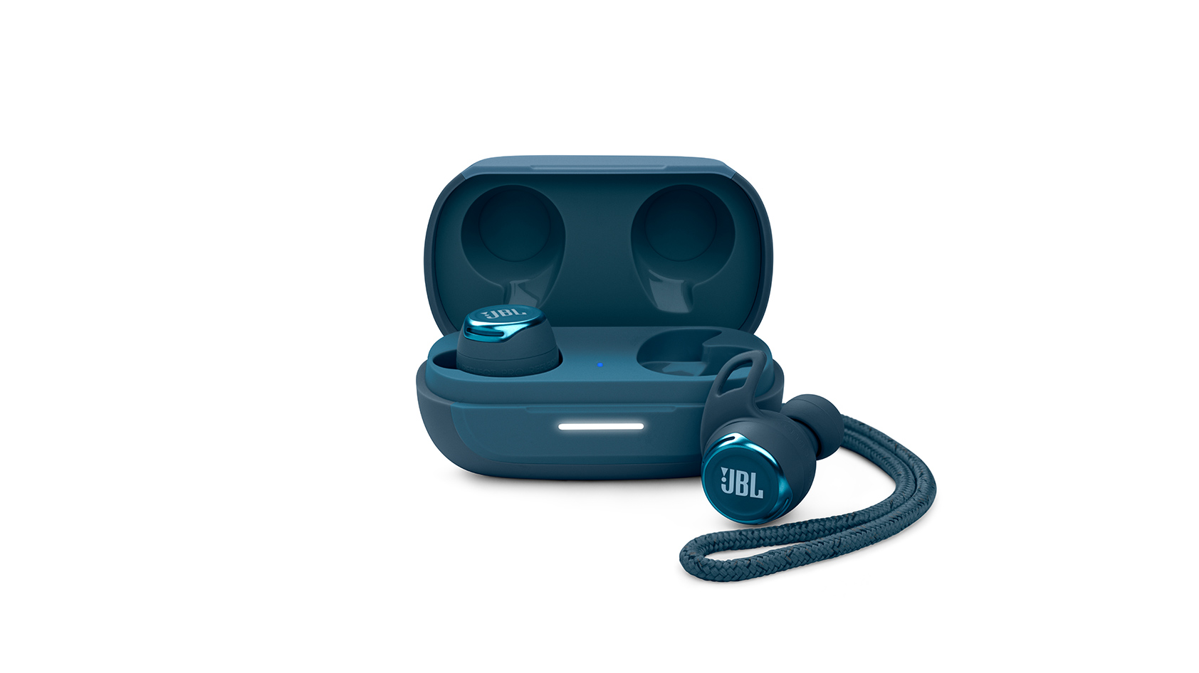 The jbl reflect flow pro true wireless earbuds in blue against a white background.