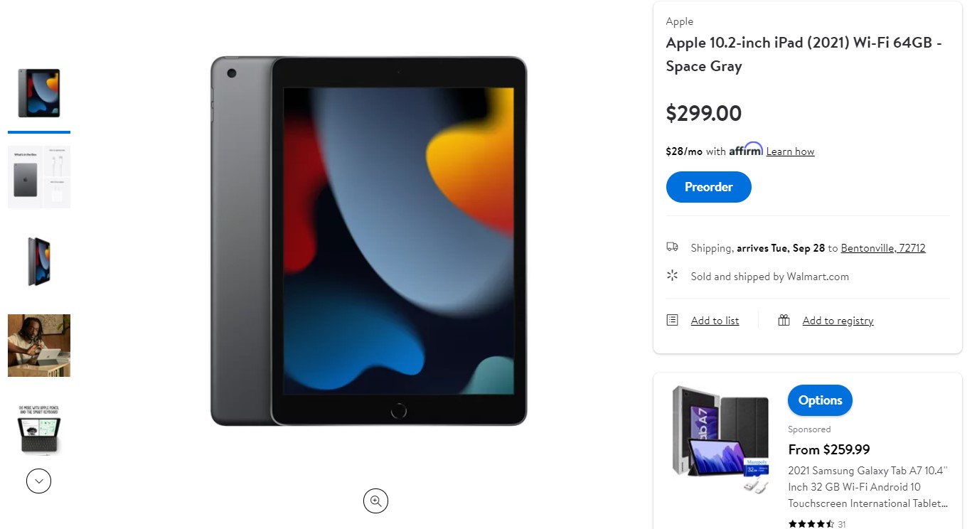Apple 10,2 pouces iPad 2021 Walmart Deal