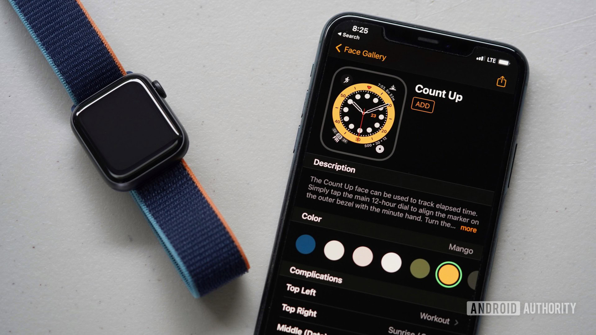 Apple Watch Series 6 y iPhone 11 yacen sobre una superficie gris que ilustra cómo agregar una carátula de Apple Watch en la aplicación Watch