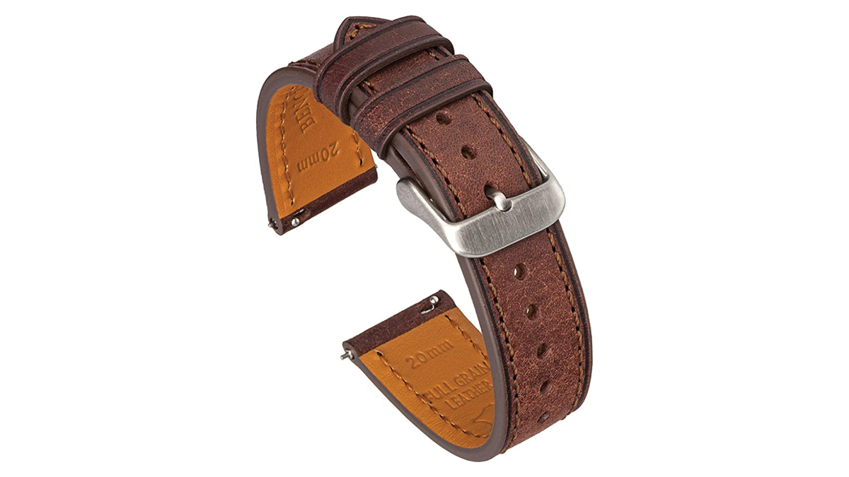 Représentation individuelle du bracelet en cuir Benchmark Basics pour Samsung Galaxy Watch 4, en marron foncé