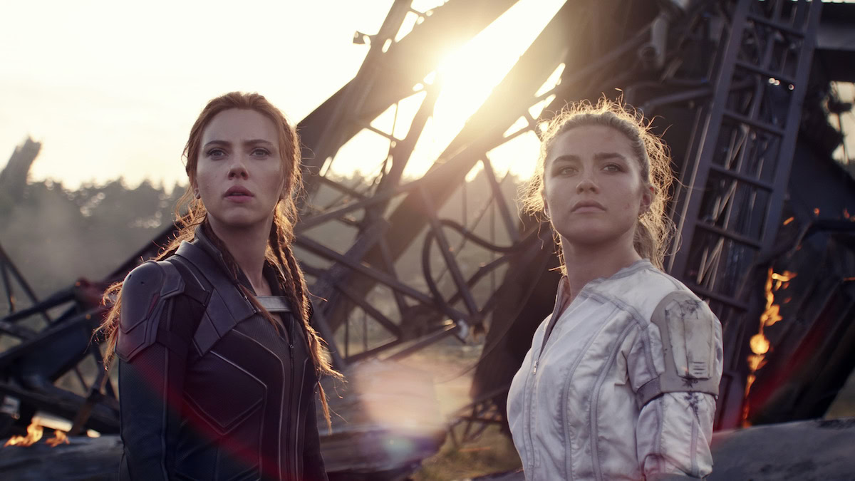 Black Widow shows Scarlett Johansson and Florence Pew.