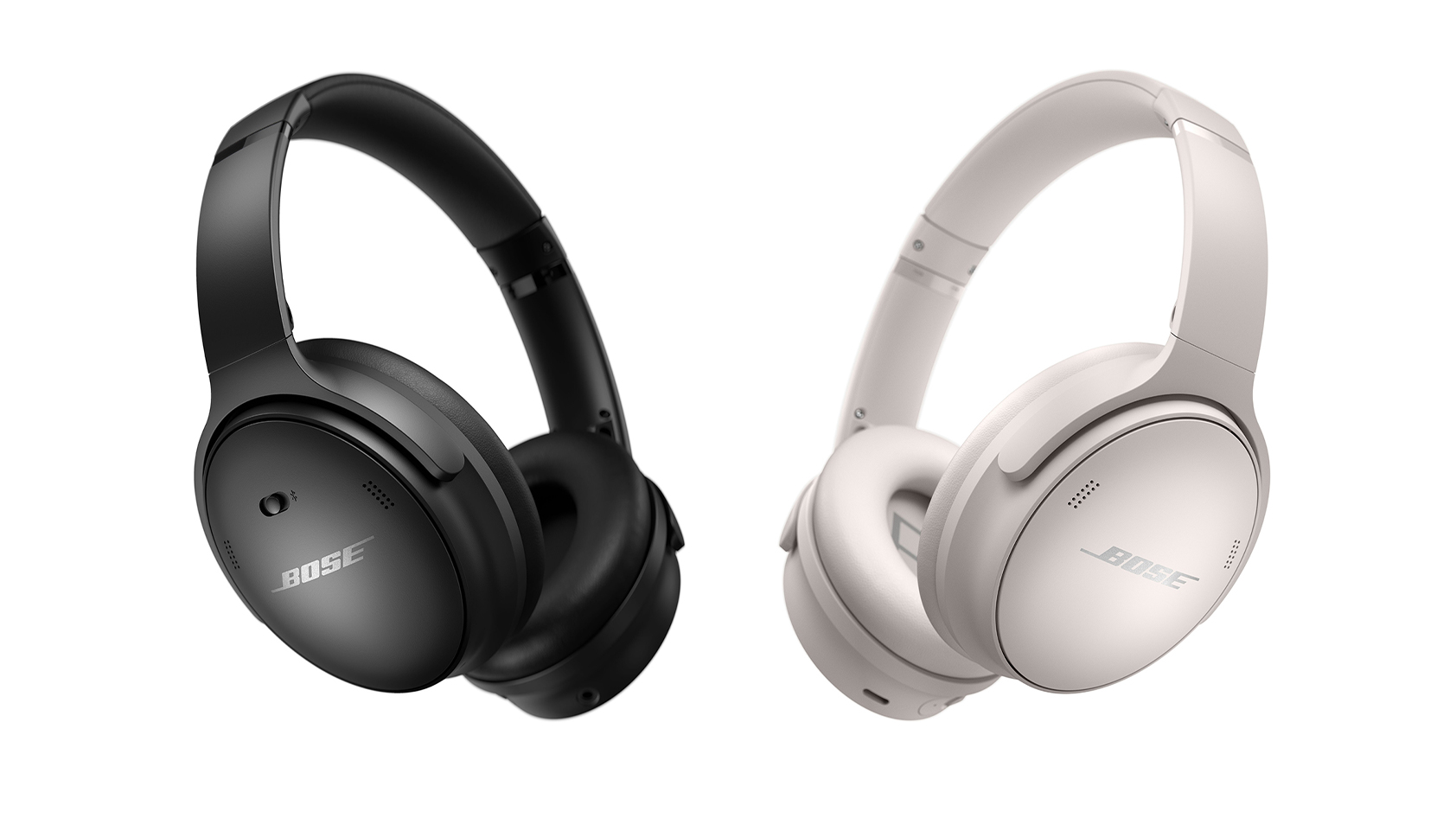 Bose QuietComfort 45 black and white noise reduction headphones.