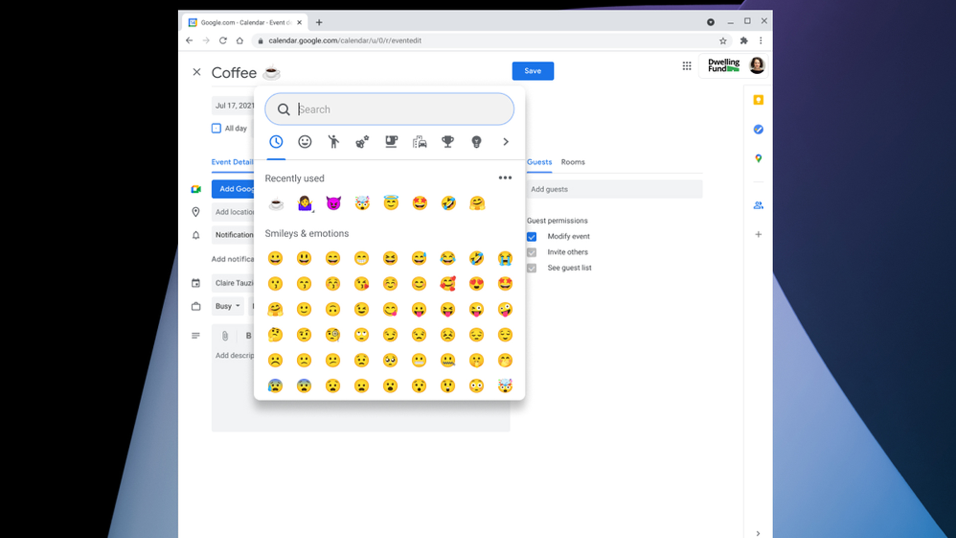Le sélecteur d'emoji dans Chrome OS.