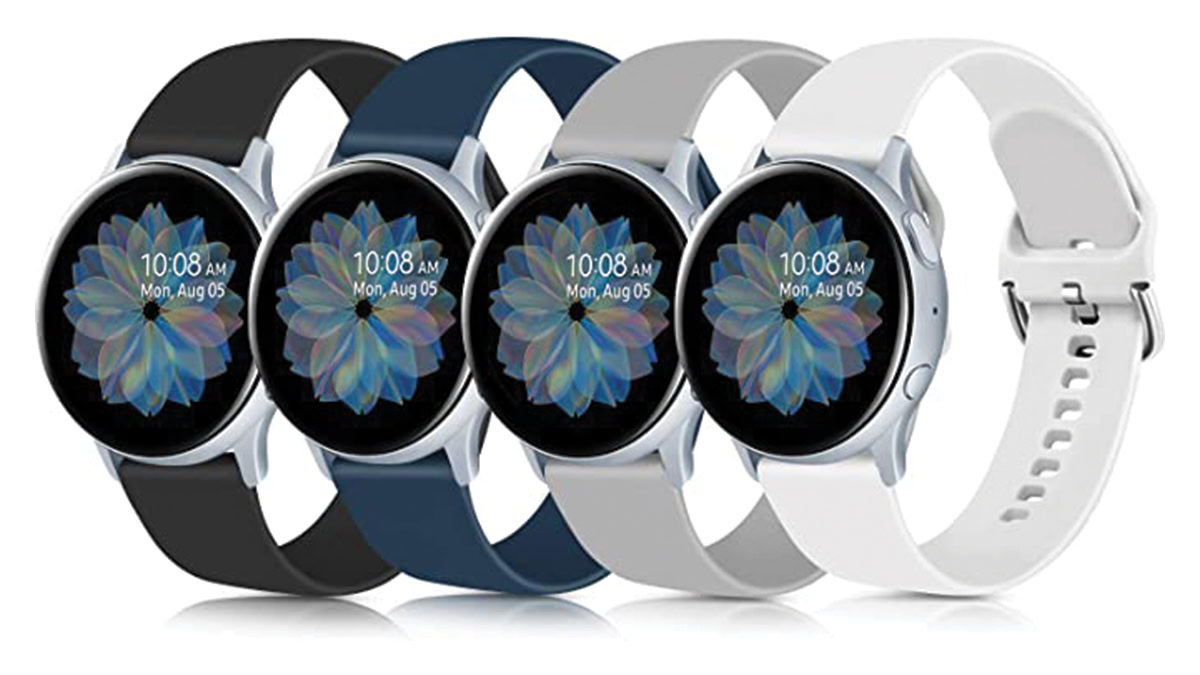 Représentation individuelle du pack de 4 bandes en silicone souple Meliya en noir, bleu, gris et blanc