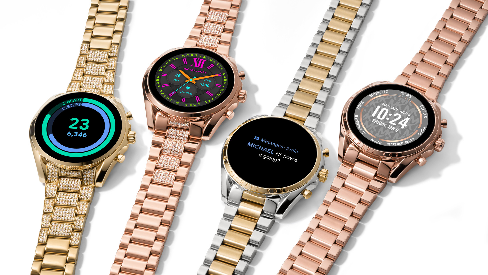 The Michael Kors Gen 6 smartwatch family lying flat on a table.