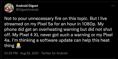 Pixel 5a overheating tweet 1