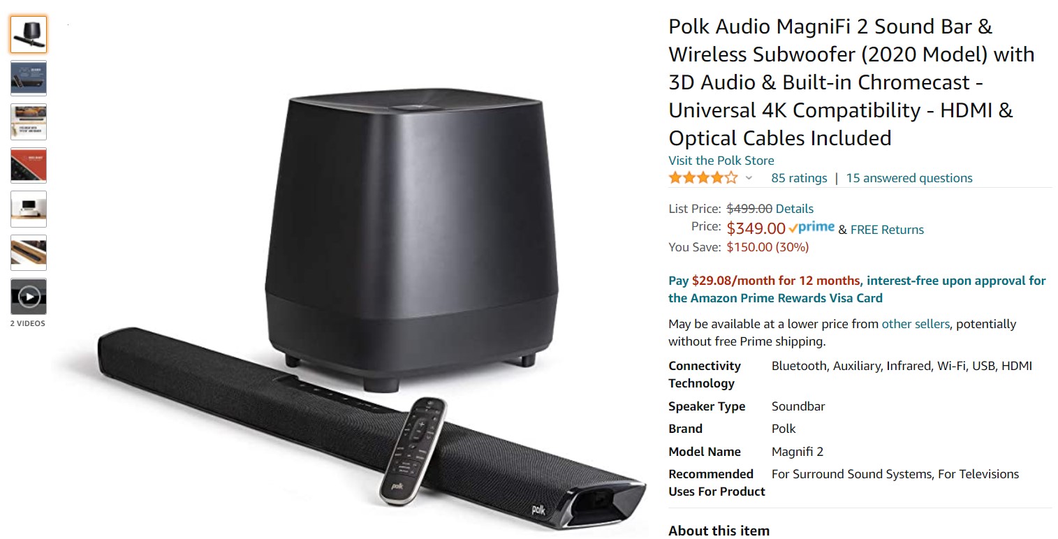 Offre de la barre de son Polk Audio MagniFi 2 et du caisson de basses sans fil Amazon