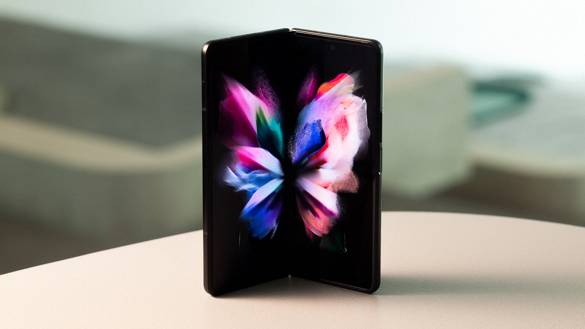 Samsung Galaxy Z Fold 3 Display folded open propped on table