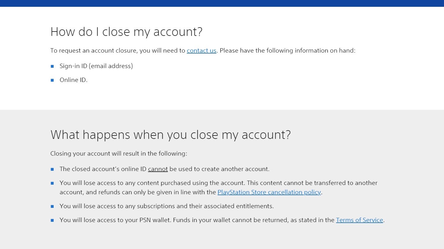Sony account closure support page