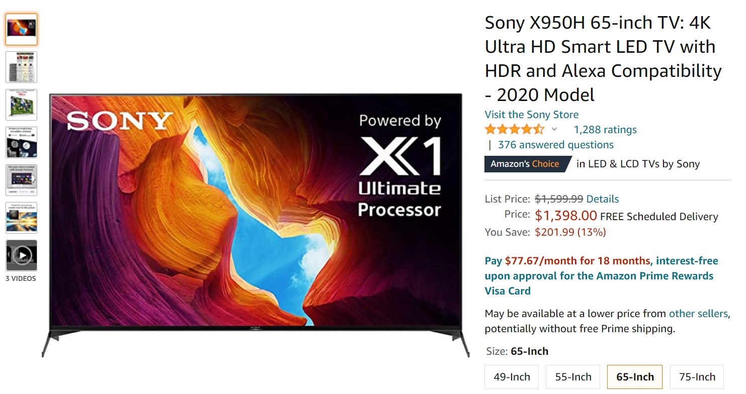 Sony X950H 65 inch 4K Ultra HD Smart LED TV Amazon Deal