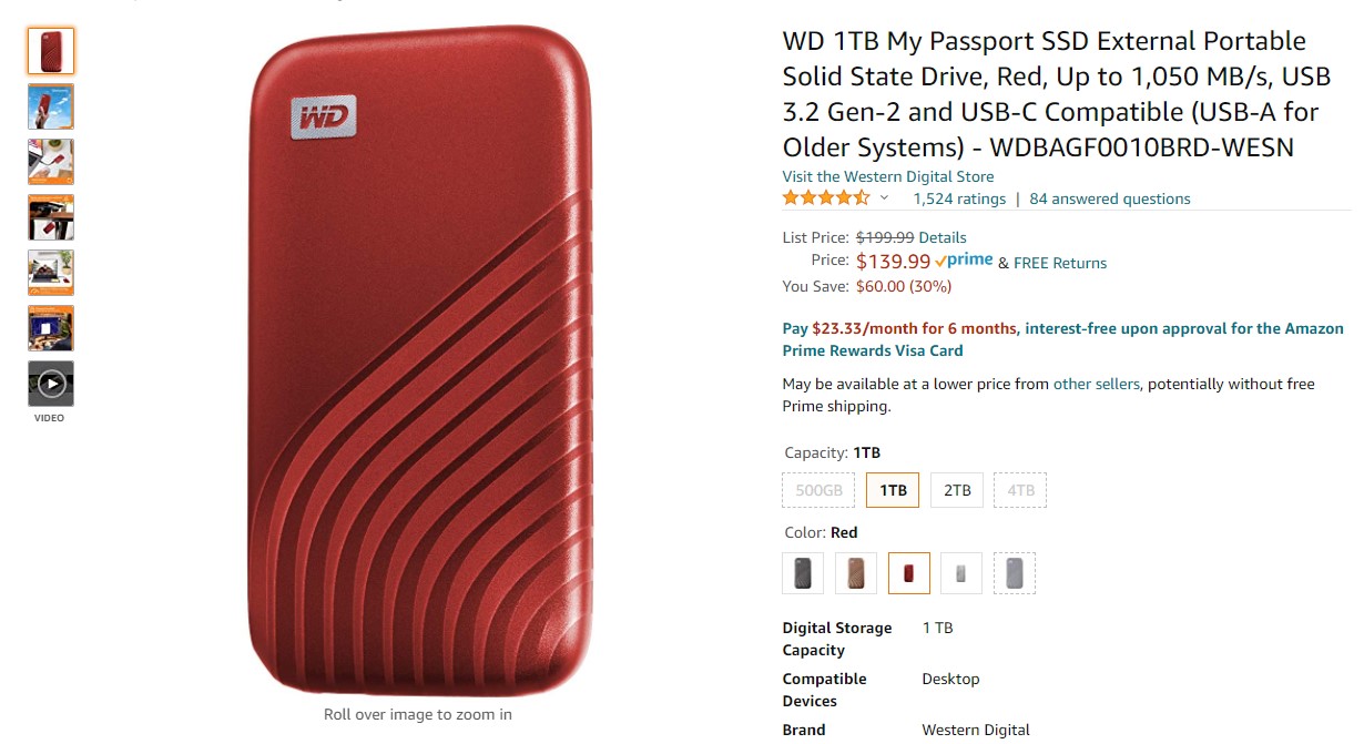 WD 1 To My Passport SSD externe portable Amazon Deal