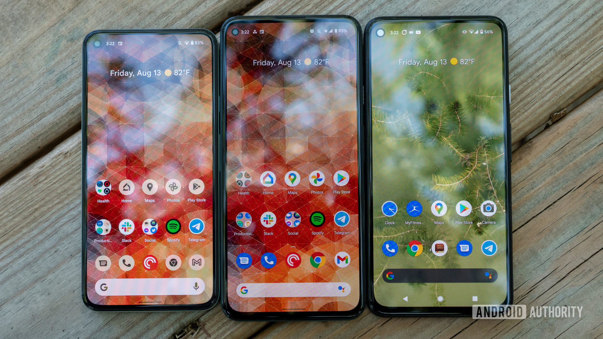 the google pixel 5a on a bench compared to the pixel 5 and pixel 4a 5g