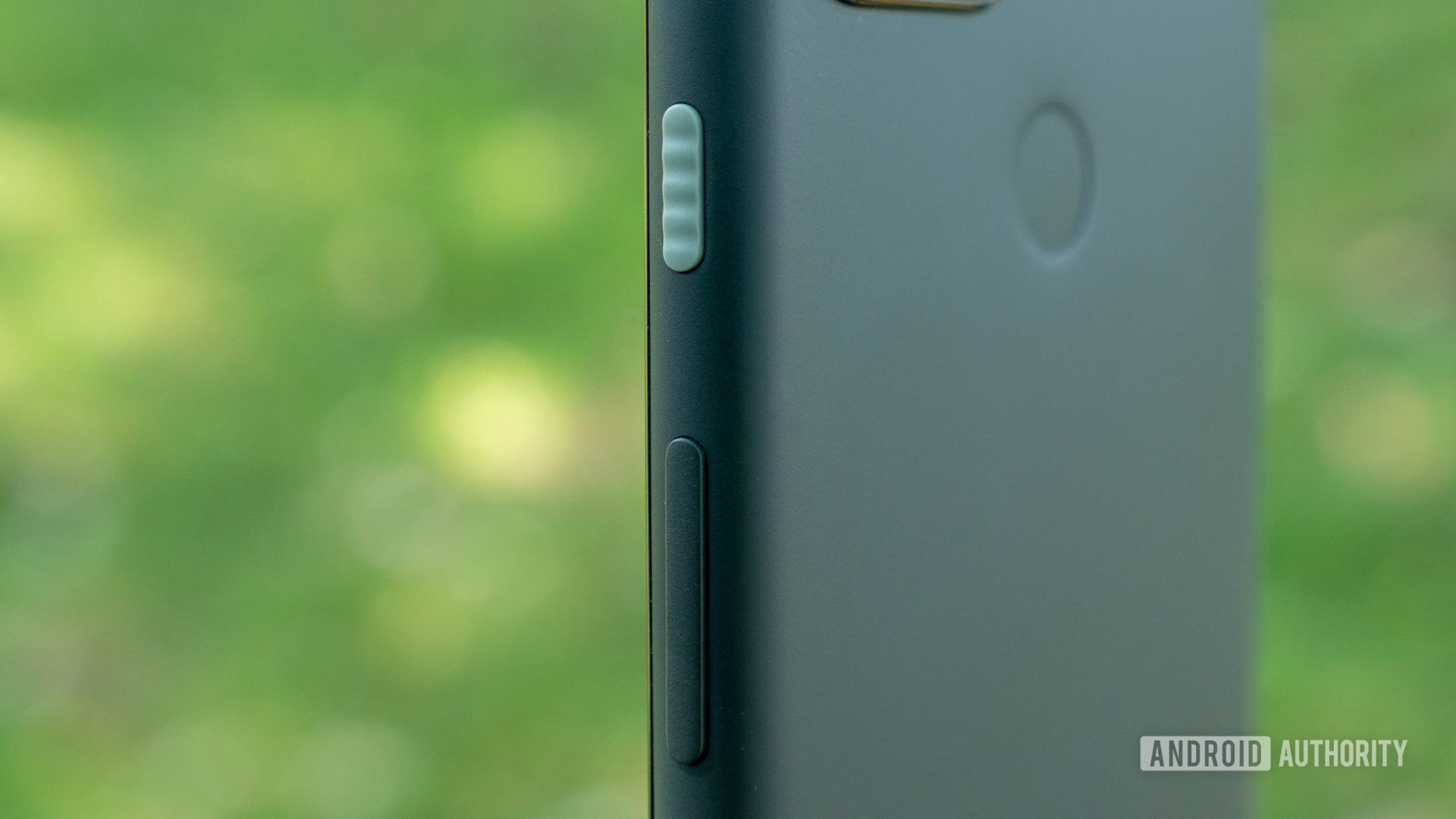 The Google Pixel 5a textured power button and volume keys.