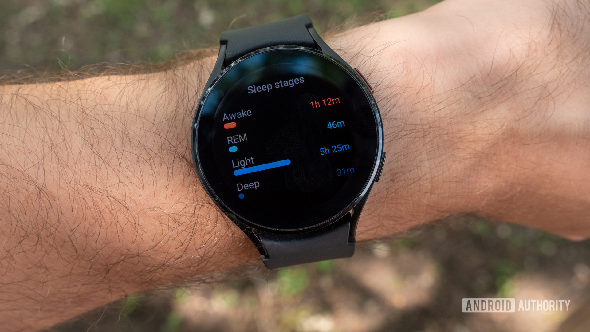 The Samsung Galaxy Watch 4 on a wrist showing sleep stages.