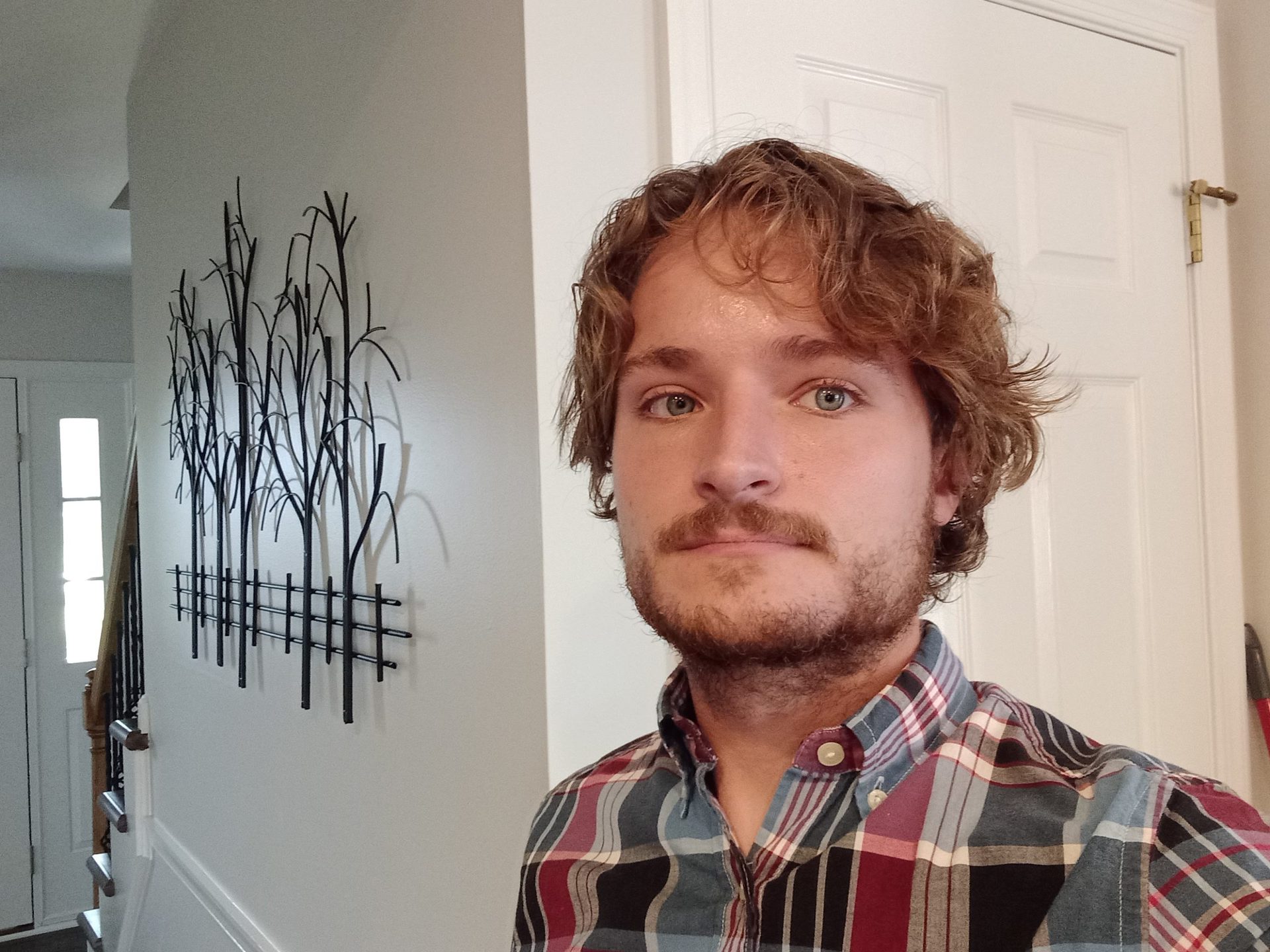 Galaxy A12 standard selfie of a man with light hair and facial hair, wearing a red and black plaid shirt, taken indoors.